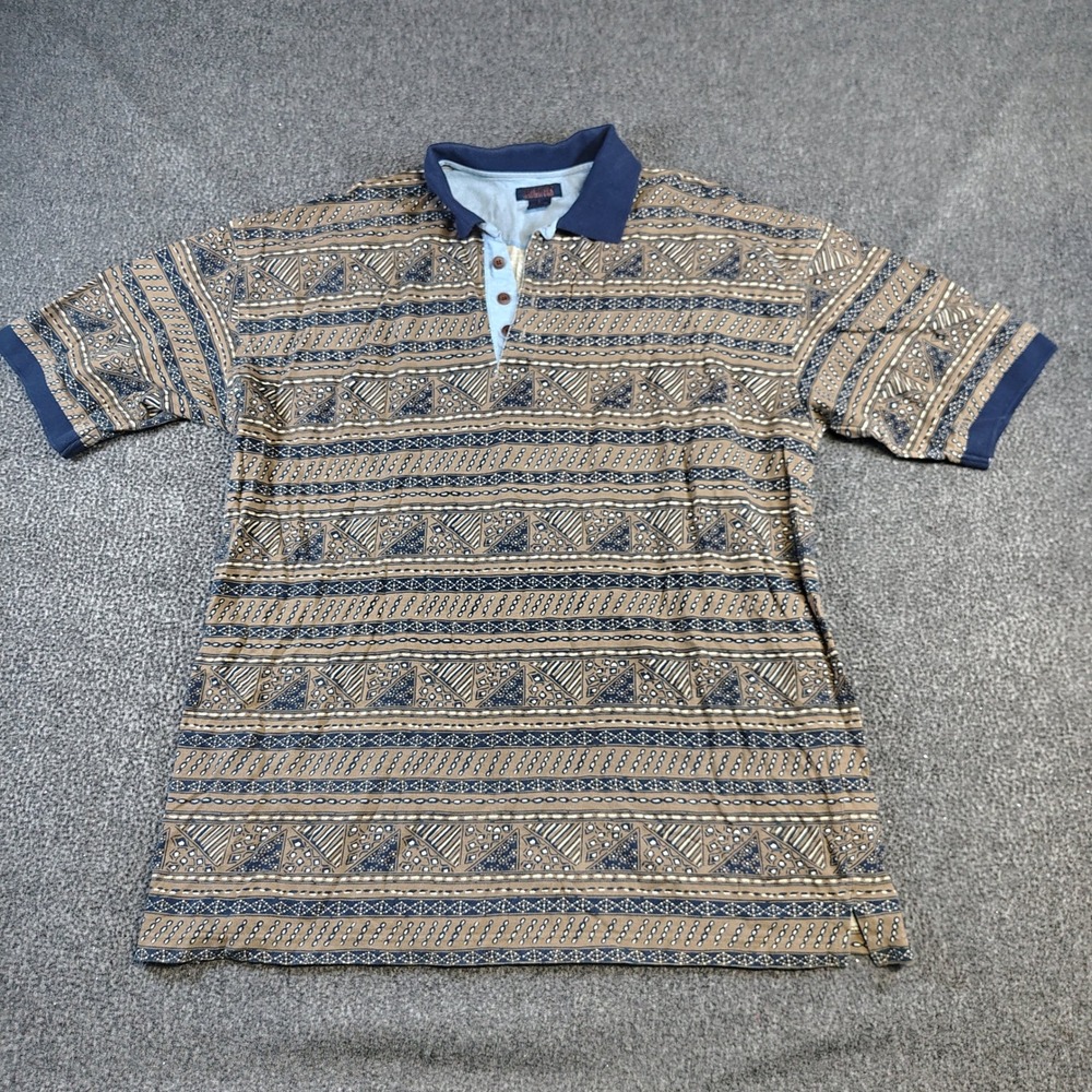 Saugatuck Polo Shirt Mens Large Brown Blue Tribal Geometric Cotton Pique Vintage